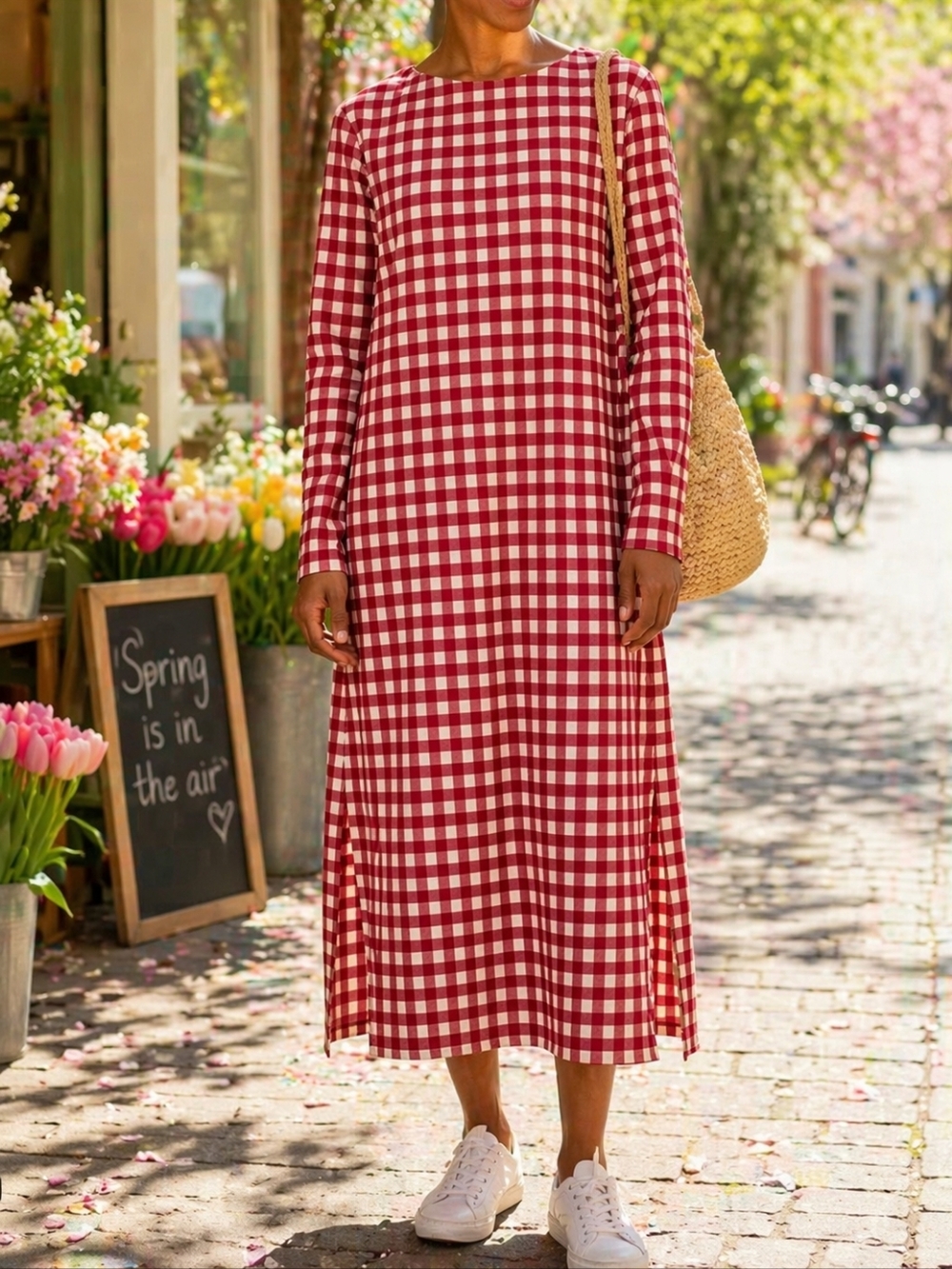 NWT FRNCH Viky Red Cream Gingham Velvet Midi Dress Slit Fairy Grunge Long Sleeve